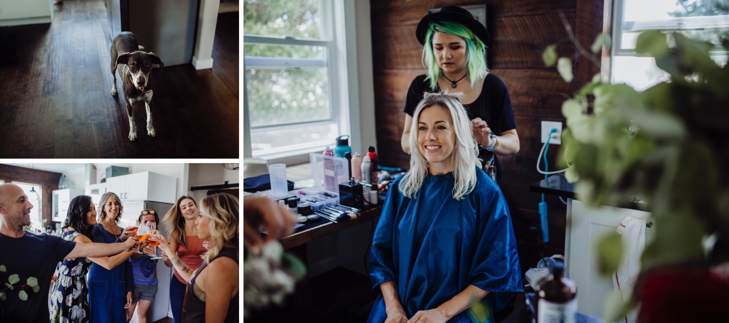 Becca-Henry-Wedding-Photography_puppy_Bridal-party-cheers_bride-getting-ready_Stemple-Creek-Ranch-wedding-photography