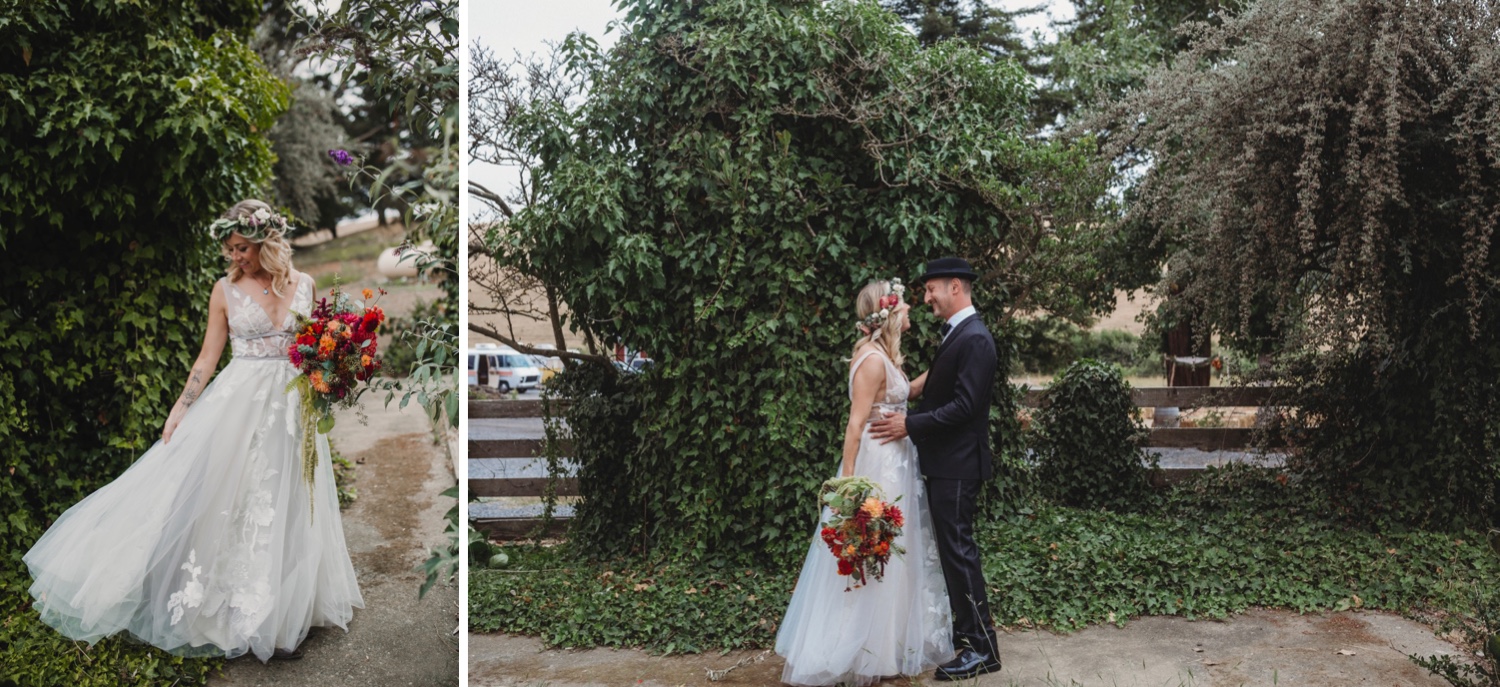 Bride-with-flower-headpiece_first-look_Dapper-groom_Bride_Becca-Henry-Wedding-Photography_Stemple-Creek-Ranch-wedding-photography_groom_Bride-with-dahlia-bouquet