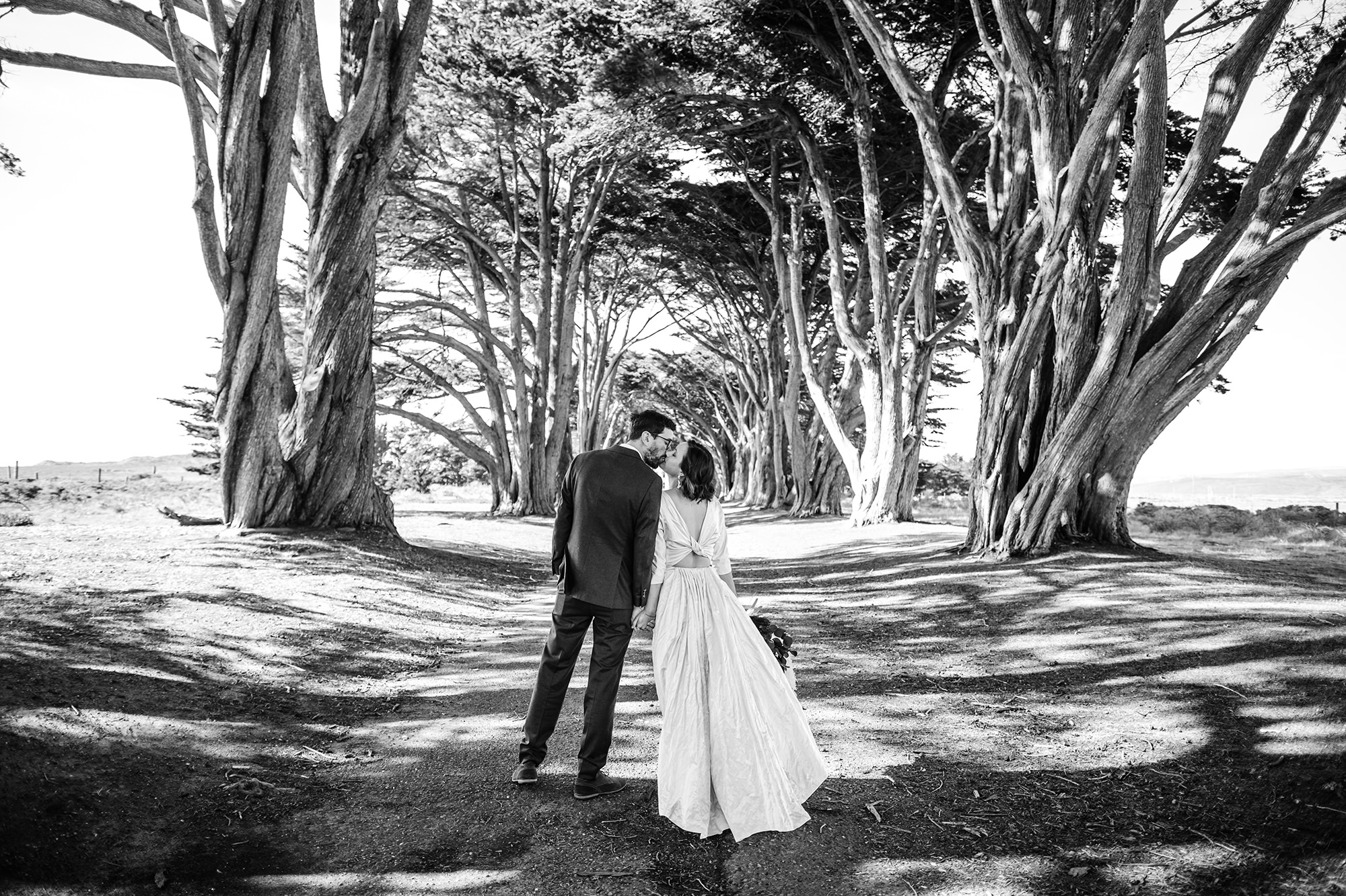 BW photo of bride and groom at the Cypress Tree Tunnel for Point Reyes Elopement.