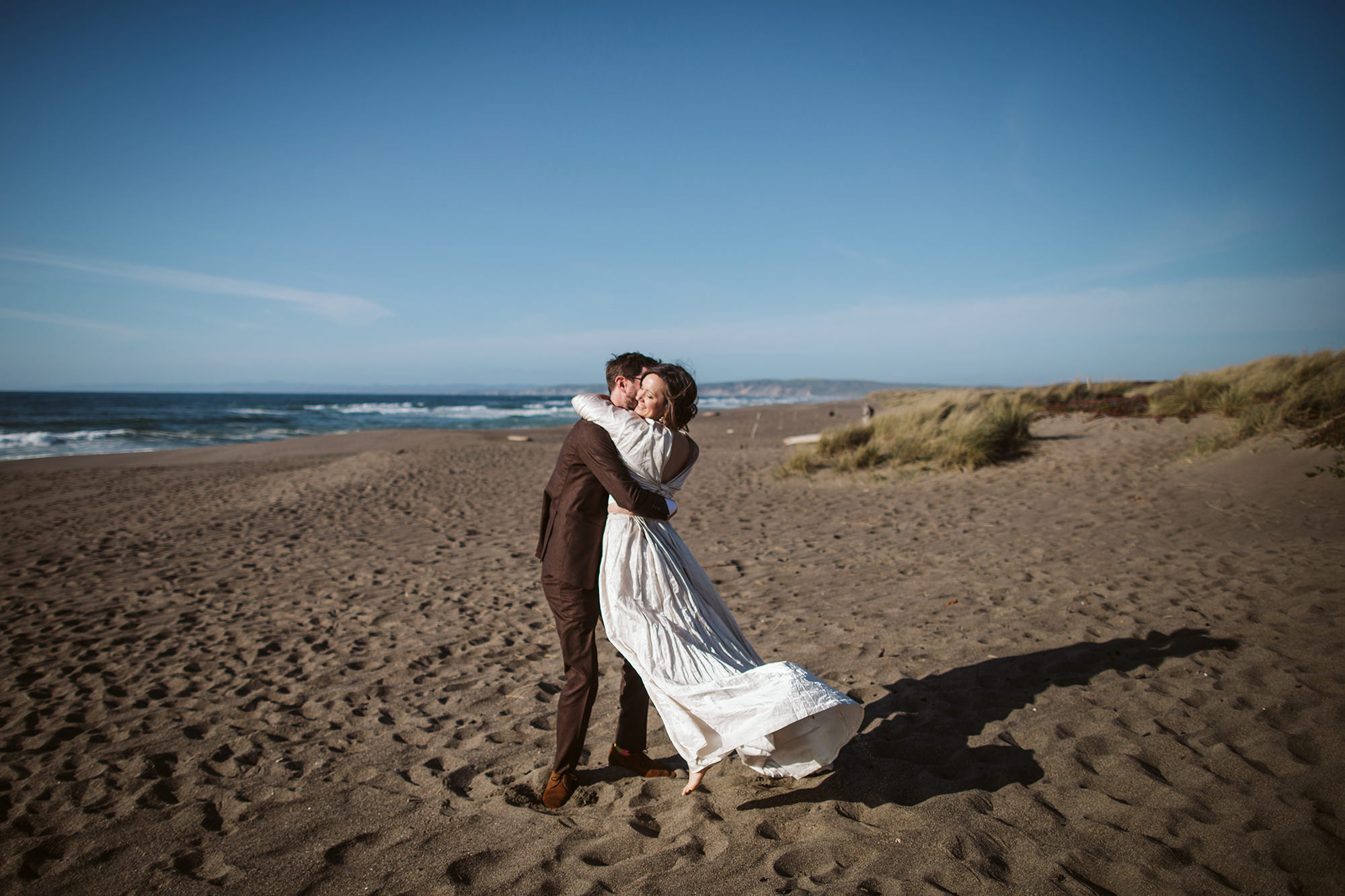 Bride and groom at Point Reyes Beach elopement