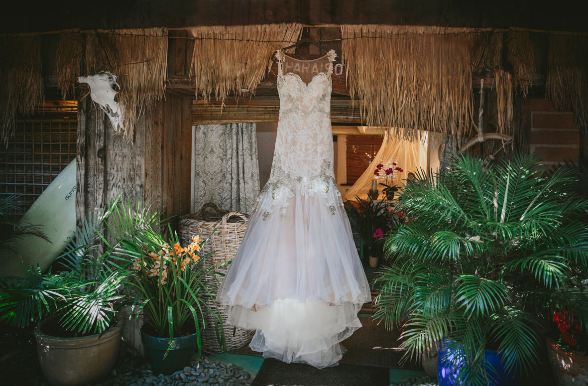 Dress of the bride at a Carmel wedding.