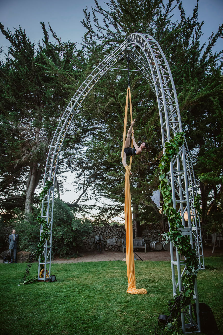Aerialists perform at this off beat , elegant Holly Farms Wedding by Becca Henry Photography