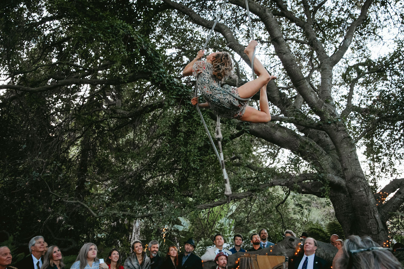 Aerialists perform at this off beat , elegant Holly Farms Wedding by Becca Henry Photography