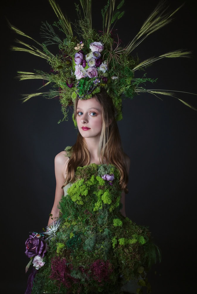 Elegant floral fashion portrait with elaborate headpiece and green dress -Oakland branding photography for a clothes designer and costume creator