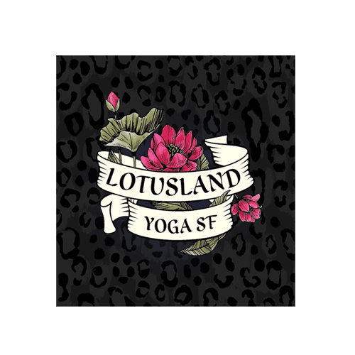 Lotusland Yoga SF logo with floral lotus and leopard print background.