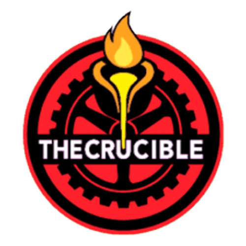 Logo of The Crucible with torch and gear elements.