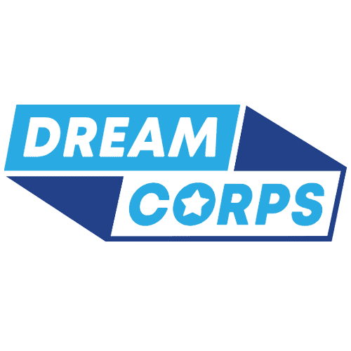 Logo of Dream Corps with bold blue and white text and star icon.