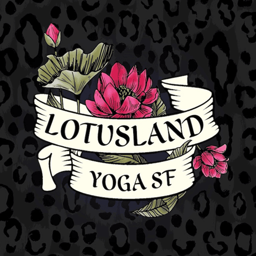 Lotusland Yoga SF logo featuring pink lotus flowers and leopard print background.