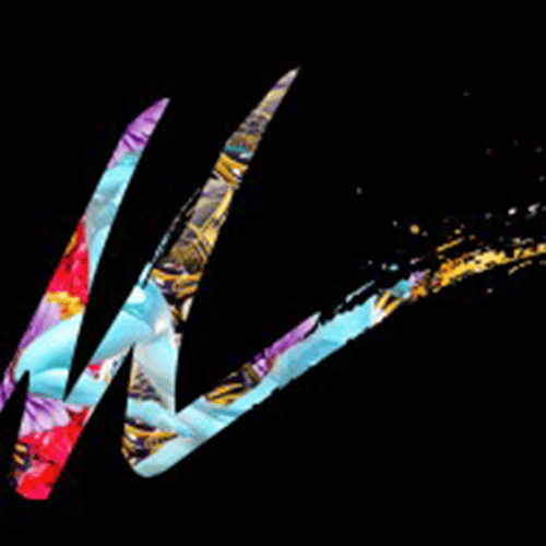 Abstract logo with colorful shapes on black background for branding.