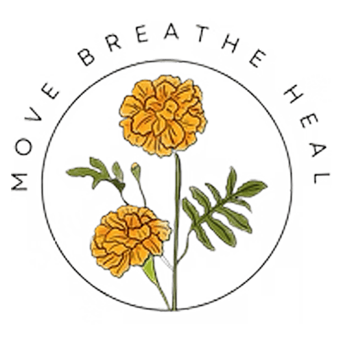 Artistic floral logo with yellow marigolds and green leaves, "Morning Breath" text circle.